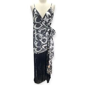 LPA Orelia Chiffon Abstract Fringe Hem Wrap Dress Black Women's Size Small